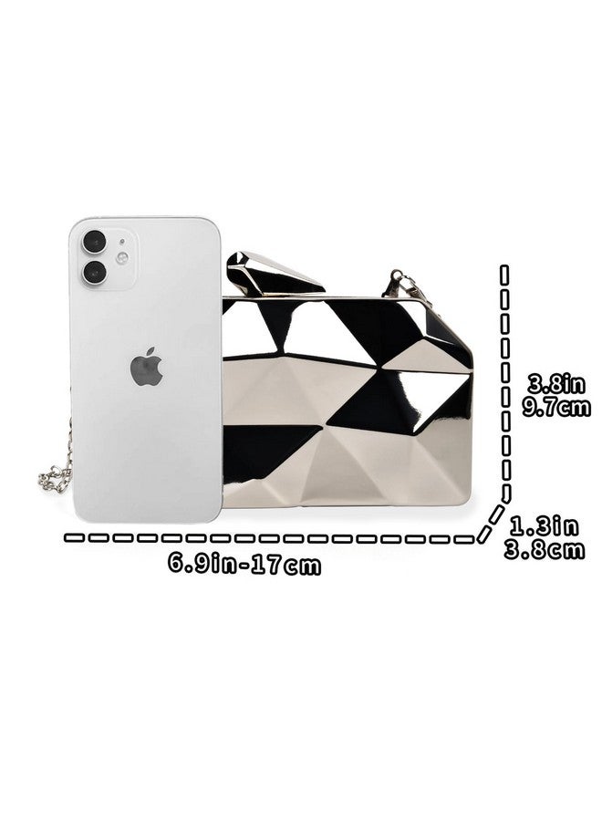 QZUnique Lattice Metal Handbag Geometric Evening Bag Abstract Stone Cut Chain Clutch Purse For Women Silvery - Image 2