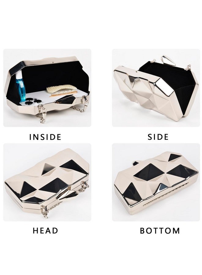 QZUnique Lattice Metal Handbag Geometric Evening Bag Abstract Stone Cut Chain Clutch Purse For Women Silvery - Image 4