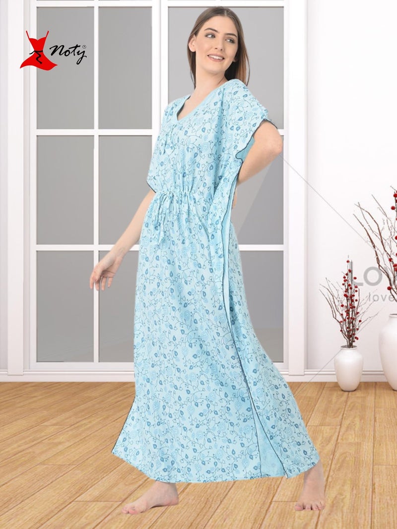 Noty Store Noty Women's Soft Cotton Kaftan Maxi Nightgown Nighty Nightdress Nightwear - Cotton -V-Neck- Floral (Free Size, Mint Green) - Image 4
