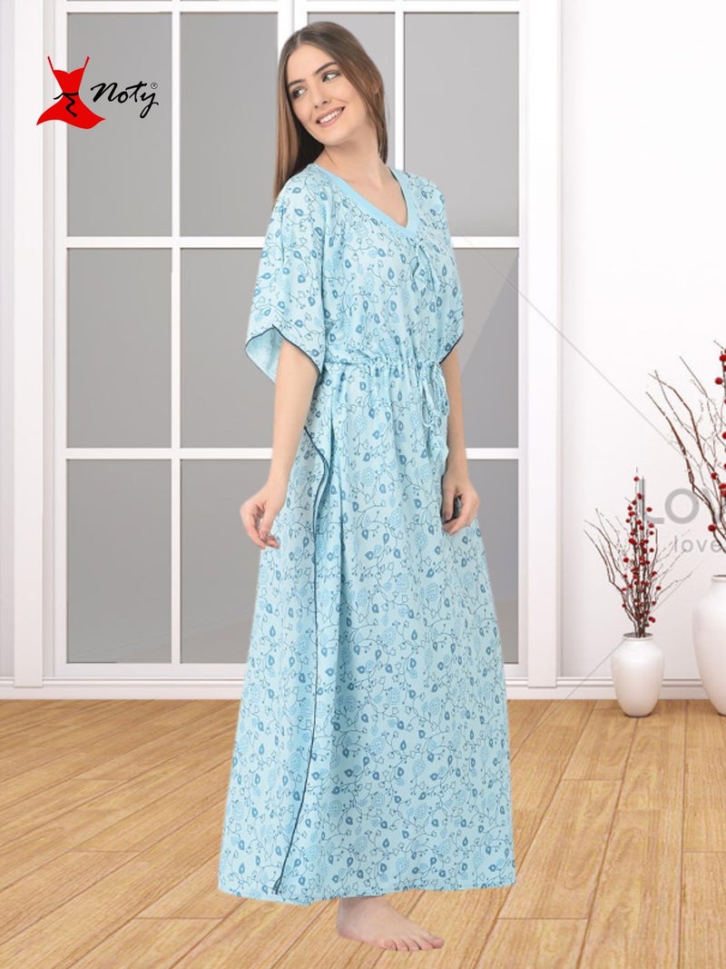 Noty Store Noty Women's Soft Cotton Kaftan Maxi Nightgown Nighty Nightdress Nightwear - Cotton -V-Neck- Floral (Free Size, Mint Green) - Image 2