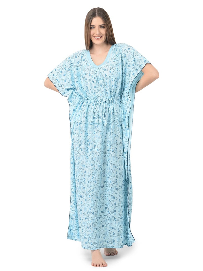Noty Store Noty Women's Soft Cotton Kaftan Maxi Nightgown Nighty Nightdress Nightwear - Cotton -V-Neck- Floral (Free Size, Mint Green) - Image 1