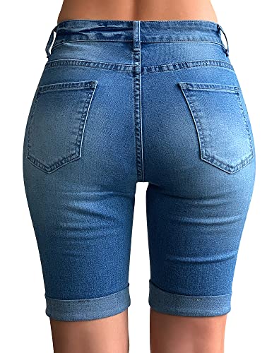 roswear Womens Mid Rise Roll Cuff Bermuda Stretch Denim Jean Shorts Light Blue Medium - Image 2