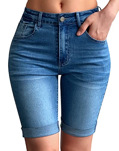 roswear Womens Mid Rise Roll Cuff Bermuda Stretch Denim Jean Shorts Light Blue Medium - Image 1