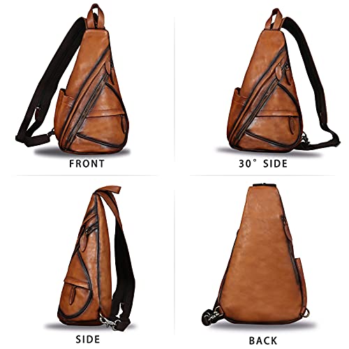 IVTG Genuine Leather Sling Bag for Men and Women Vintage Sling Backpack Shoulder Crossbody Bag Chest Bag for Ipad (Brown) - Image 4
