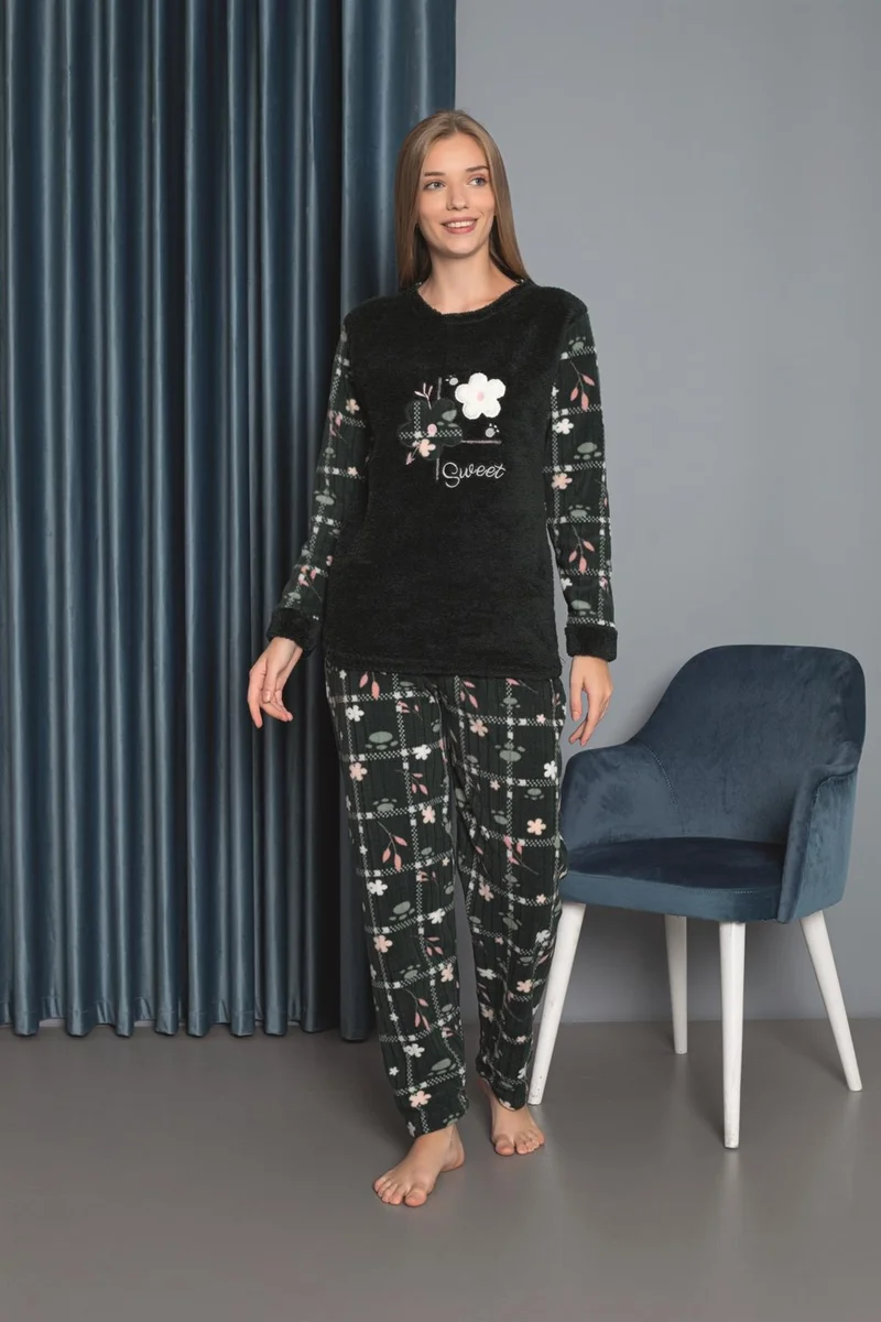 موتلو سيتي New Season Autumn/Winter Women's Welsoft Polar Fleece Round Neck Floral Patterned Thick Pajama Set 30004