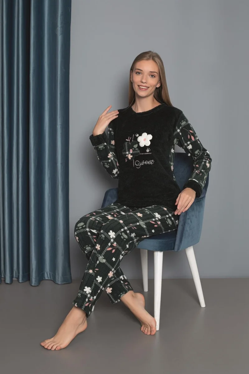 موتلو سيتي New Season Autumn/Winter Women's Welsoft Polar Fleece Round Neck Floral Patterned Thick Pajama Set 30004