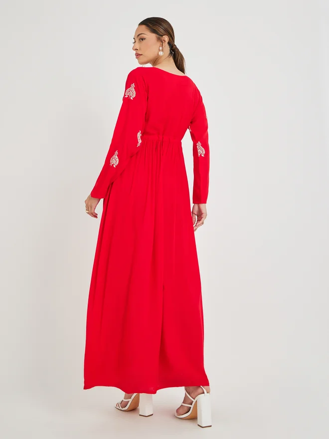 Styli Styli Block Print Tie-Waist Jalabiya with Embroidery