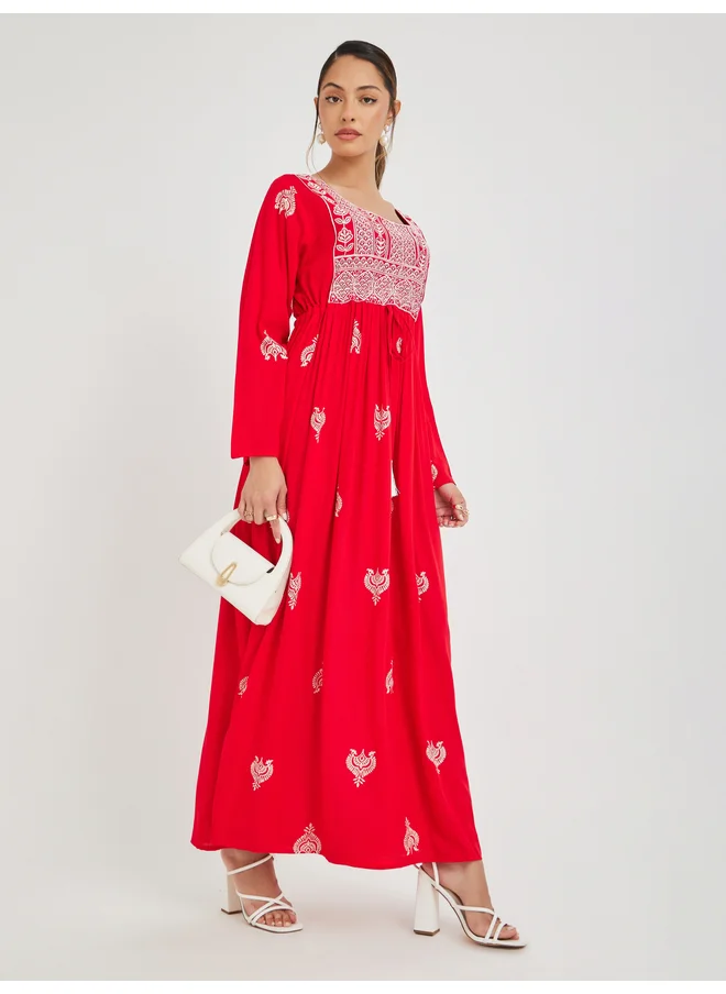 Maxim Creation Maxim Creation Block Print Tie-Waist Jalabiya with Embroidery