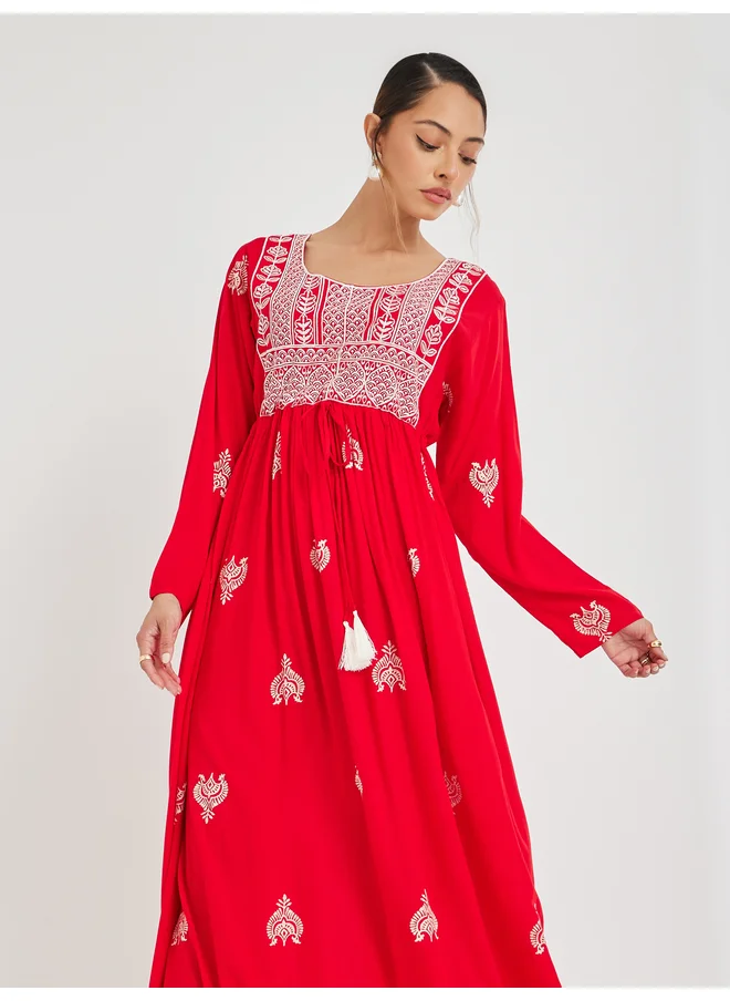 Maxim Creation Maxim Creation Block Print Tie-Waist Jalabiya with Embroidery