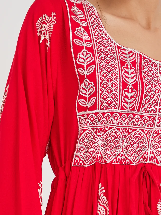 Styli Styli Block Print Tie-Waist Jalabiya with Embroidery