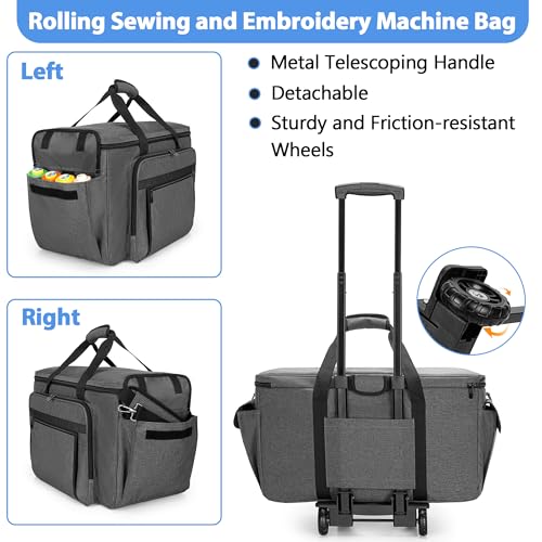 CURMIO Sewing and Embroidery Machine Carrying Case with Wheels, Rolling Embroidery Machine Tote Bag with Bottom Support Board Compatible with Brother SE600, PE535 Embroidery Machine, Gray - Image 4