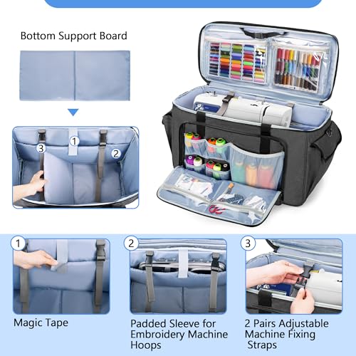 CURMIO Sewing and Embroidery Machine Carrying Case with Wheels, Rolling Embroidery Machine Tote Bag with Bottom Support Board Compatible with Brother SE600, PE535 Embroidery Machine, Gray - Image 2