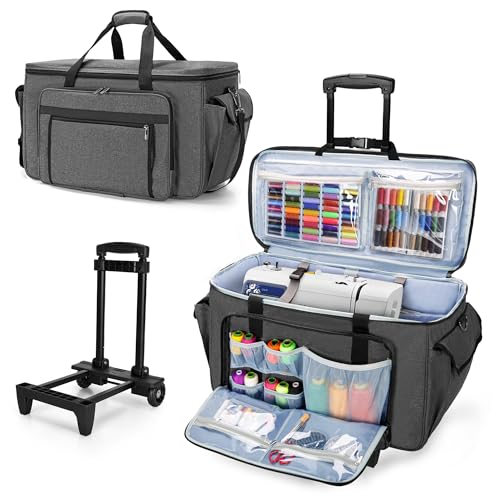 CURMIO Sewing and Embroidery Machine Carrying Case with Wheels, Rolling Embroidery Machine Tote Bag with Bottom Support Board Compatible with Brother SE600, PE535 Embroidery Machine, Gray - Image 1