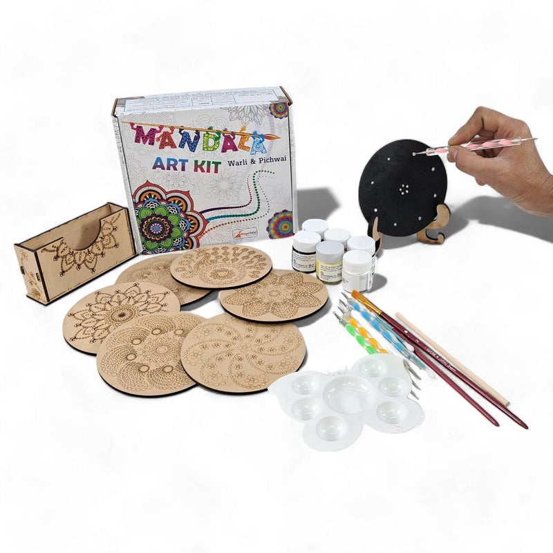 StepsToDo Wooden Dot Mandalas Paint Kit F. Tea Coaster Set. Mandal Art. Set of 6 of Wooden Circular Base of 4 inch. with Wooden Case. Dot Tools, Acrylic Colours, Brush and Paiting Dish - Image 1