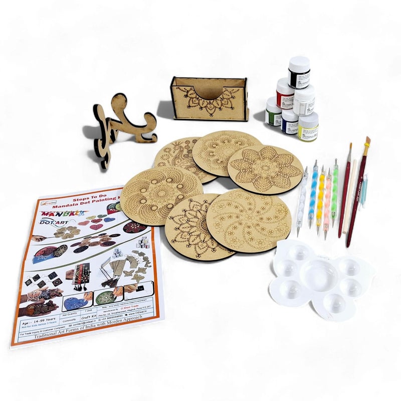 StepsToDo Wooden Dot Mandalas Paint Kit F. Tea Coaster Set. Mandal Art. Set of 6 of Wooden Circular Base of 4 inch. with Wooden Case. Dot Tools, Acrylic Colours, Brush and Paiting Dish - Image 2