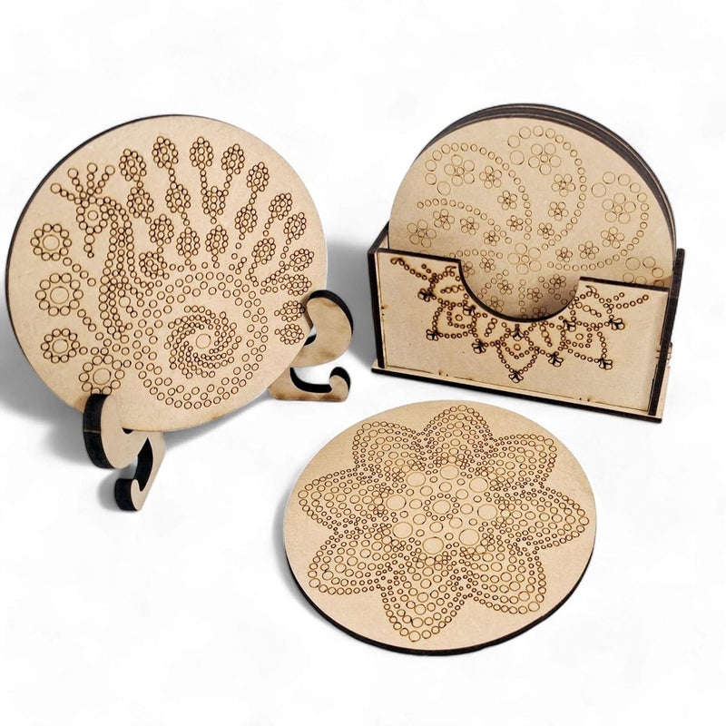 StepsToDo Wooden Dot Mandalas Paint Kit F. Tea Coaster Set. Mandal Art. Set of 6 of Wooden Circular Base of 4 inch. with Wooden Case. Dot Tools, Acrylic Colours, Brush and Paiting Dish - Image 4