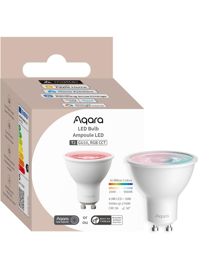 أكارا مصباح LED الذكي Aqara T2، GU10 RGB و CCT، Thread/Zigbee، أبيض قابل للتعتيم، 2000K-9000K، تغيير لون RGB مع 16 مليون لون، مكافئ 30 واط، Matter، متوافق مع HomeKit و Google Home - Image 1