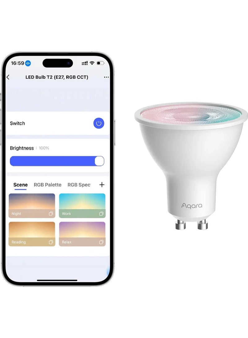 أكارا مصباح LED الذكي Aqara T2، GU10 RGB و CCT، Thread/Zigbee، أبيض قابل للتعتيم، 2000K-9000K، تغيير لون RGB مع 16 مليون لون، مكافئ 30 واط، Matter، متوافق مع HomeKit و Google Home - Image 3