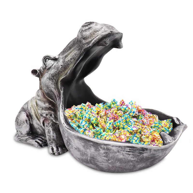 aboxoo Hippo Statue Home Resin Hippopotamus Figurine Fun Candy DishKey BowlBig Mouth Sculpture Table Art Decoration Sundries Container Storage Boxes Grey