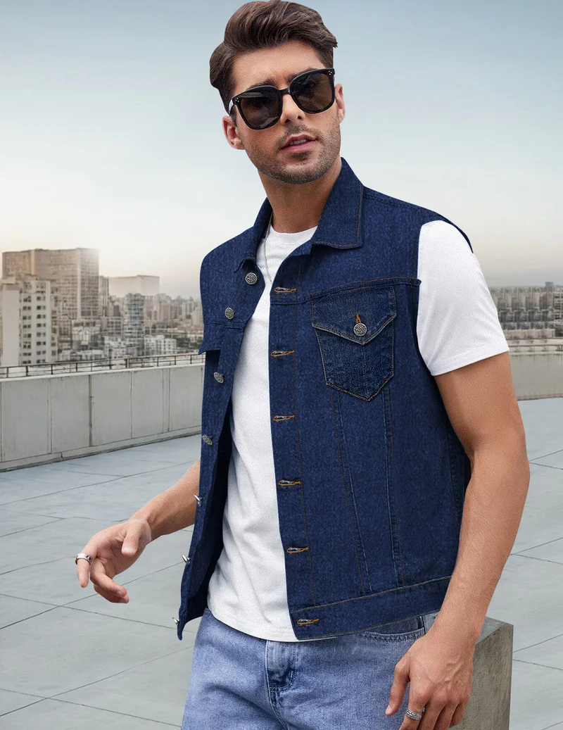Urbano Fashion Men's Blue Regular Fit Washed Sleeveless Denim Jacket