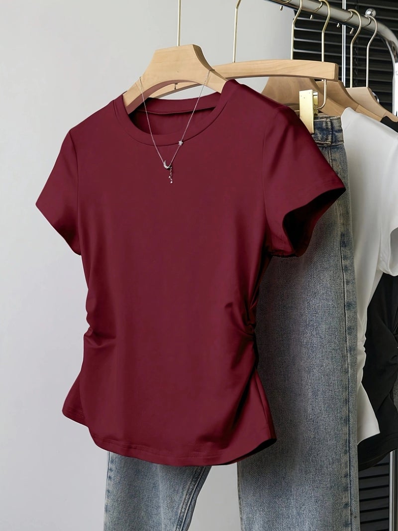 Women's Fashion Casual T - Shirt Three - Piece Set - Wine Red + Flower Gray + Black / S - Image 4