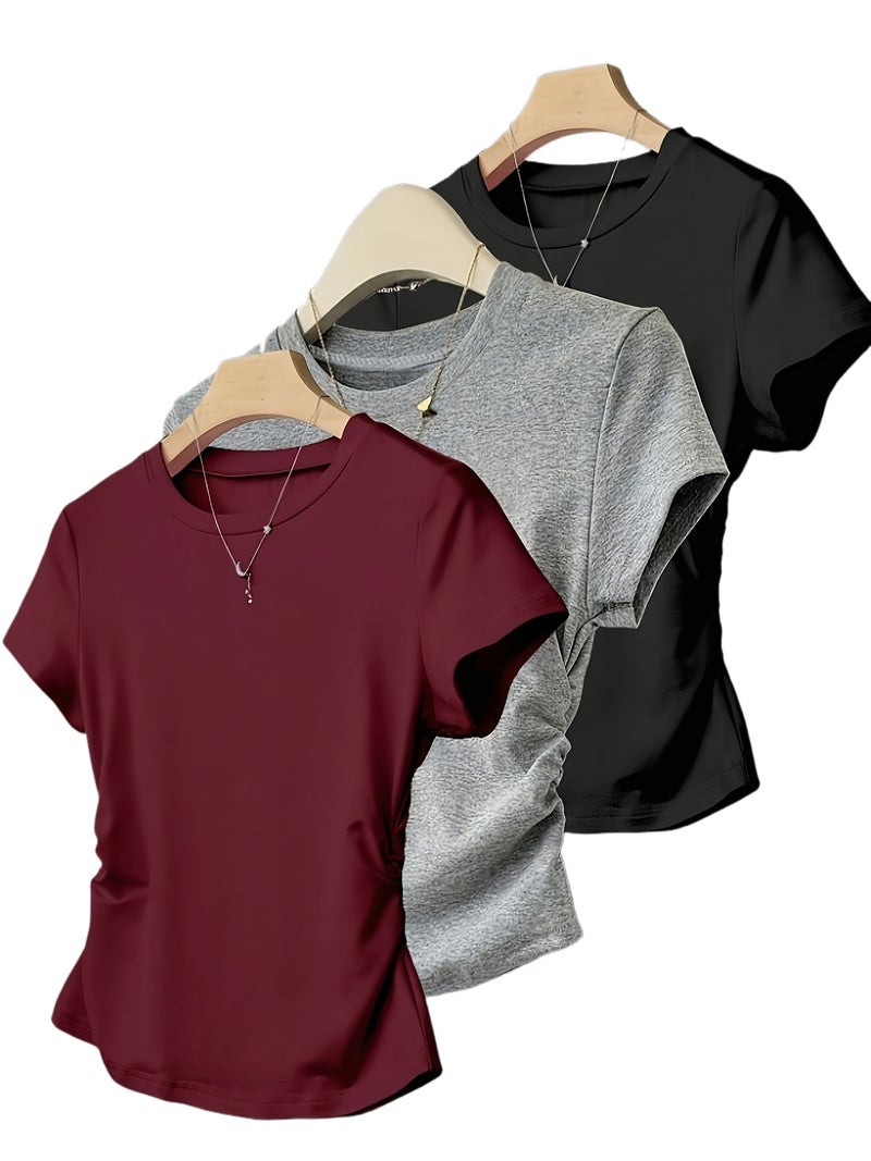 Women's Fashion Casual T - Shirt Three - Piece Set - Wine Red + Flower Gray + Black / S - Image 1