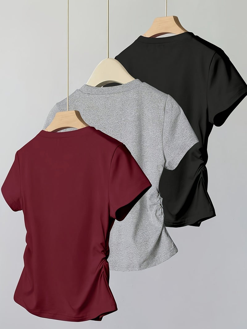 Women's Fashion Casual T - Shirt Three - Piece Set - Wine Red + Flower Gray + Black / S - Image 2