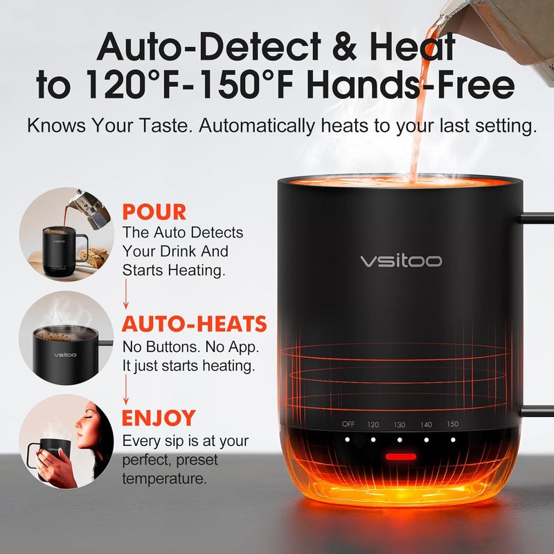 vsitoo S3 Pro 14oz Smart Self Heating Coffee Mug,Heated Coffee Mug with Auto-Sensing AI Heats Drinks to 120-150°F Hands-Free.Perfect for Home/Office,Ideal Gift fo Men/Women, Black - Image 2