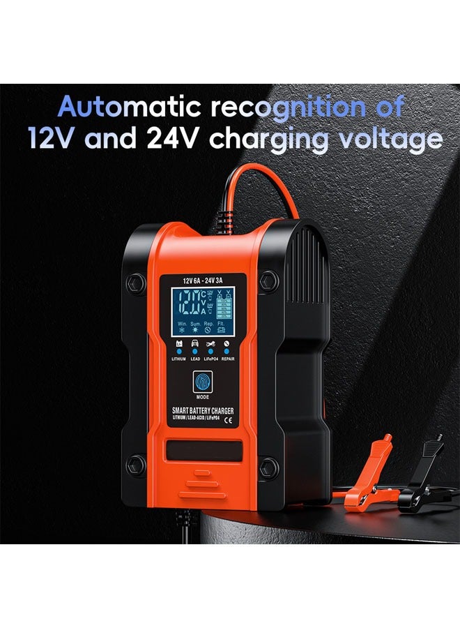 AL RAID Car Battery Charger, Lithium Battery Charger, 12V/12A 24V/6A Intelligent Automatic Battery Charger/Maintainer with Pulse Repair Function for Lithium/Lead-Acid/LiFePO4 Batteries - Image 2