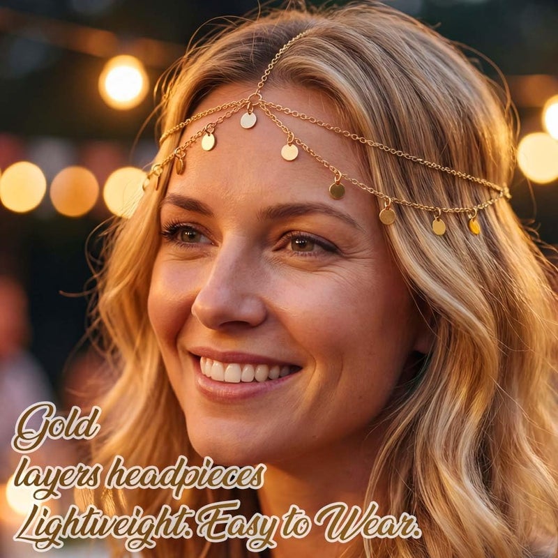 HZYH Sequins Boho Head Chain, Jewelry Gold Hair Chain, Prom Festival Costume Headband Hair Accessories For Women - Image 3
