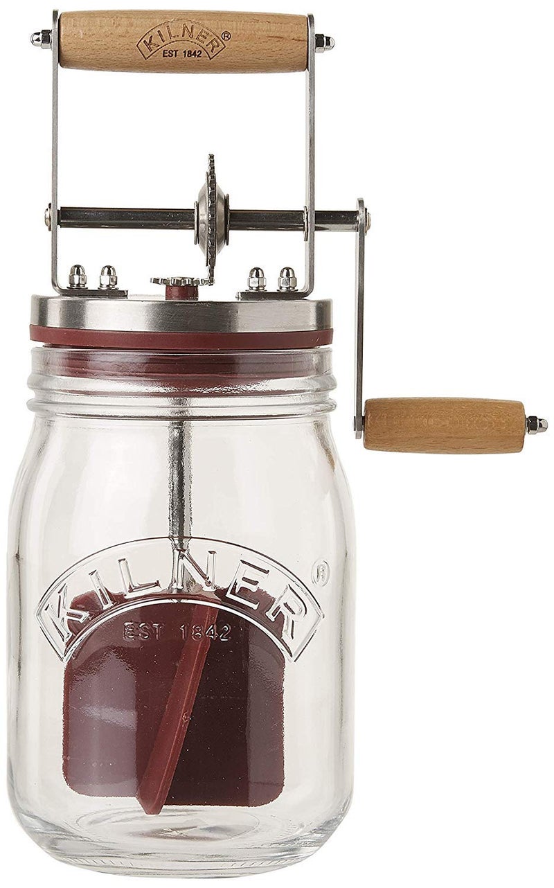 Kilner Premium 1L Airtight Glass Butter Churner for Home Made Butter Making, Whisker Jar for Beating, Blending, Whipping | Includes Hand Crank, Acacia Wood Handle & Stainless Steel Gear - Image 1