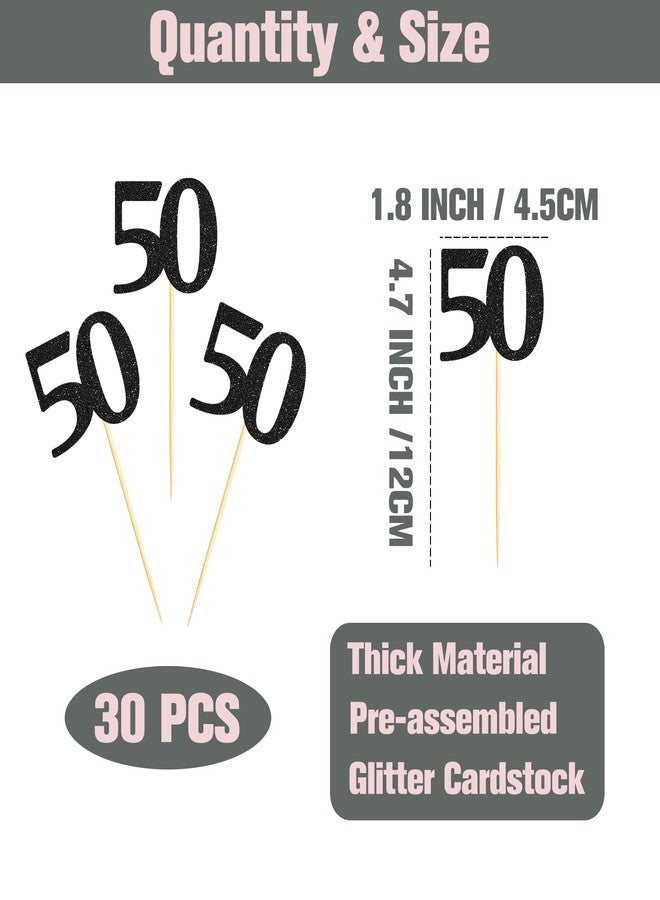 Sotpot 30 Pack Happy 50th Cupcake Toppers 50 Birthday Cake Decorations for 50th Birthday Wedding Anniversary Party Supplies Black Glitter - Image 2