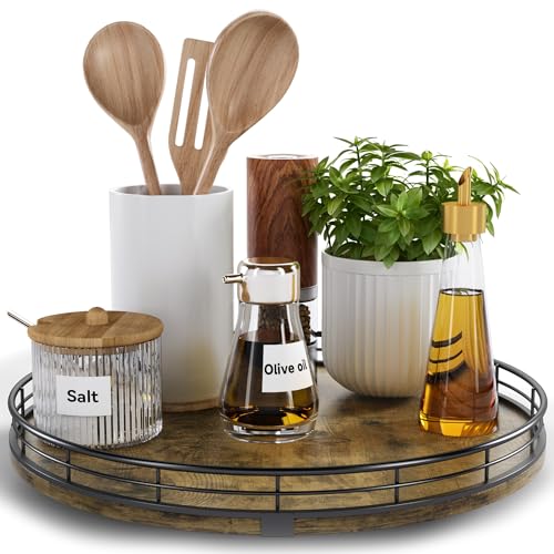 HGF Lazy Susan Turntable Organizer for Table Top, 12’’ Round Wooden Lazy Susan for Cabinet Kitchen Countertop Pantry Dining Coffee Table for Condiments Spices, Rustic Bathroom Vanity Tray for Soap Candle - Image 1