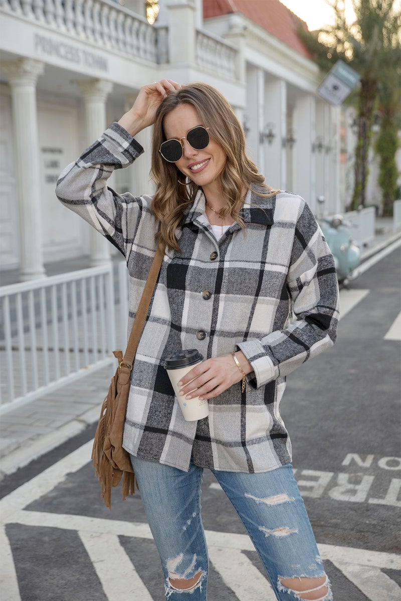 Cross-border European and American foreign trade women's clothing INS net red autumn and winter long-sleeved plaid shirt mid-length woolen coat gray L - Image 1