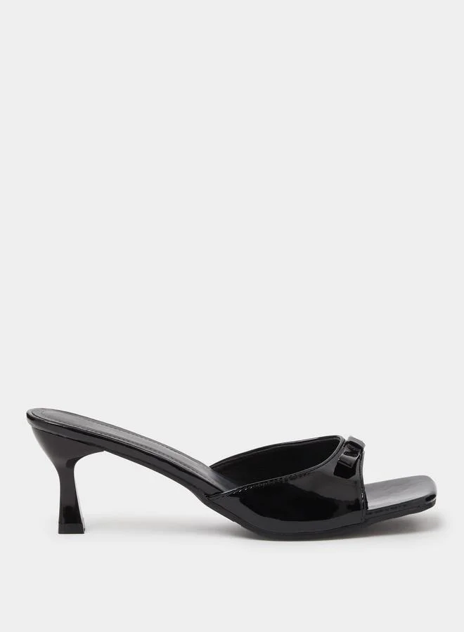 Black Patent Bow Mid Heel Sandals