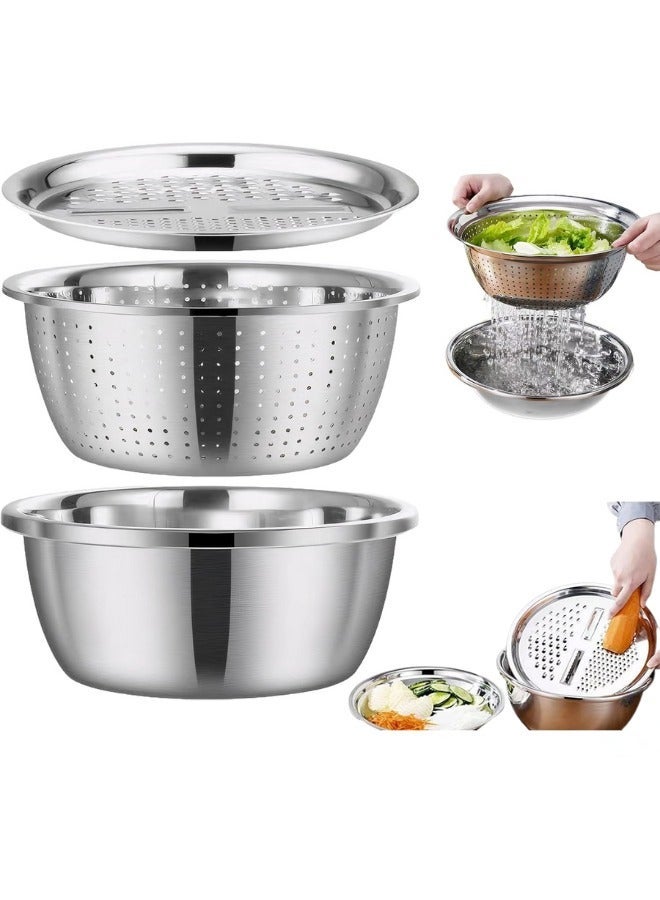 3-in-1 Stainless Steel Grater, Slicer, and Colander Bowl Set – Multifunctional Drain Basin with Solid Mixing Bowl and Strainer for Vegetables, Fruits, Cheese, and Salad Preparation – Rust-Resistant Kitchen Tool for Washing, Slicing, Shredding, and Mixing – Easy to Clean Multi-Purpose Food Prep Set - Image 1