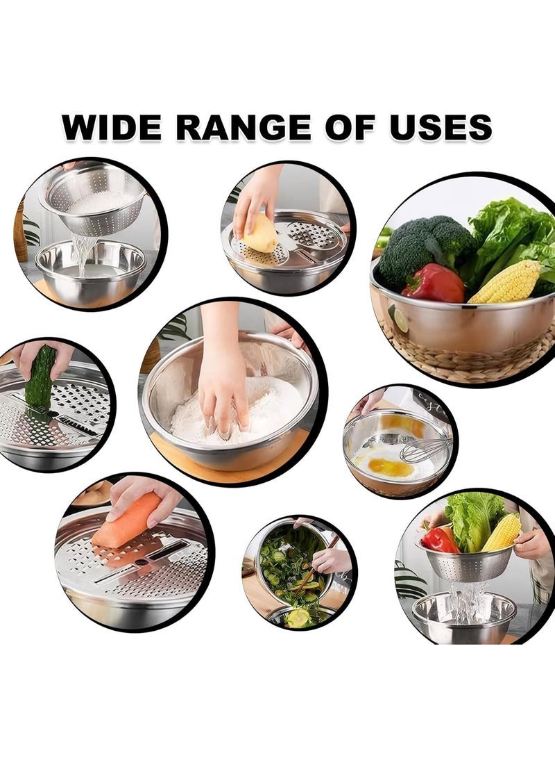 3-in-1 Stainless Steel Grater, Slicer, and Colander Bowl Set – Multifunctional Drain Basin with Solid Mixing Bowl and Strainer for Vegetables, Fruits, Cheese, and Salad Preparation – Rust-Resistant Kitchen Tool for Washing, Slicing, Shredding, and Mixing – Easy to Clean Multi-Purpose Food Prep Set - Image 2