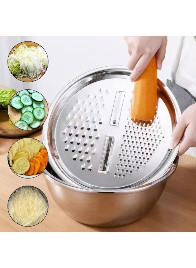 3-in-1 Stainless Steel Grater, Slicer, and Colander Bowl Set – Multifunctional Drain Basin with Solid Mixing Bowl and Strainer for Vegetables, Fruits, Cheese, and Salad Preparation – Rust-Resistant Kitchen Tool for Washing, Slicing, Shredding, and Mixing – Easy to Clean Multi-Purpose Food Prep Set - Image 5