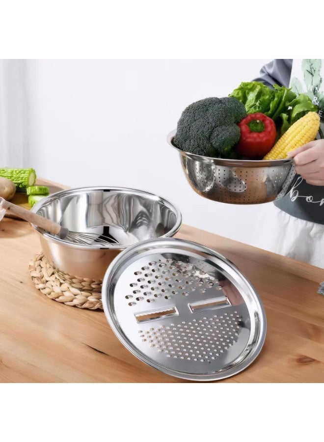 3-in-1 Stainless Steel Grater, Slicer, and Colander Bowl Set – Multifunctional Drain Basin with Solid Mixing Bowl and Strainer for Vegetables, Fruits, Cheese, and Salad Preparation – Rust-Resistant Kitchen Tool for Washing, Slicing, Shredding, and Mixing – Easy to Clean Multi-Purpose Food Prep Set - Image 4