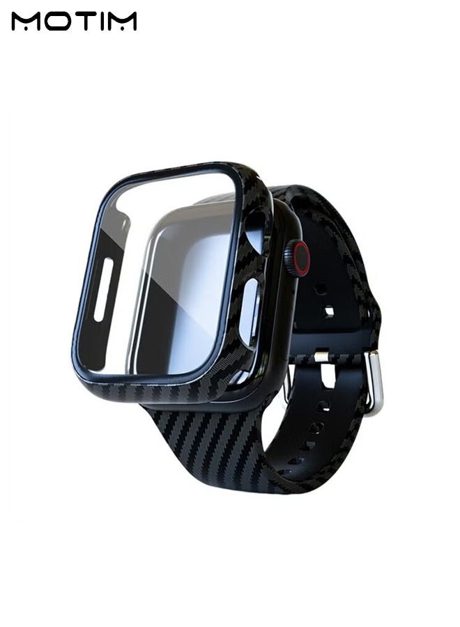 Motim Carbon Fiber Apple Watch Strap for iWatch Series 9, Ultra 2, SE, Ultra, 10/9/8/7/6/5/4/3/2/1 with SiliconeWatch Case, 45mm, Shockproof Rugged Band Wrist Strap with Bumper Case Cover - Image 2