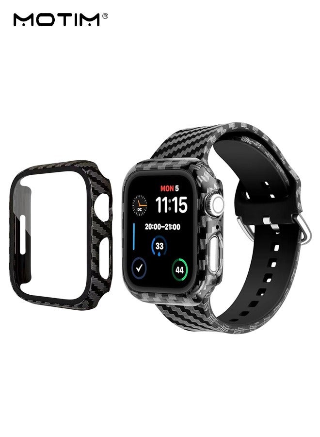 Motim Carbon Fiber Apple Watch Strap for iWatch Series 9, Ultra 2, SE, Ultra, 10/9/8/7/6/5/4/3/2/1 with SiliconeWatch Case, 45mm, Shockproof Rugged Band Wrist Strap with Bumper Case Cover - Image 1