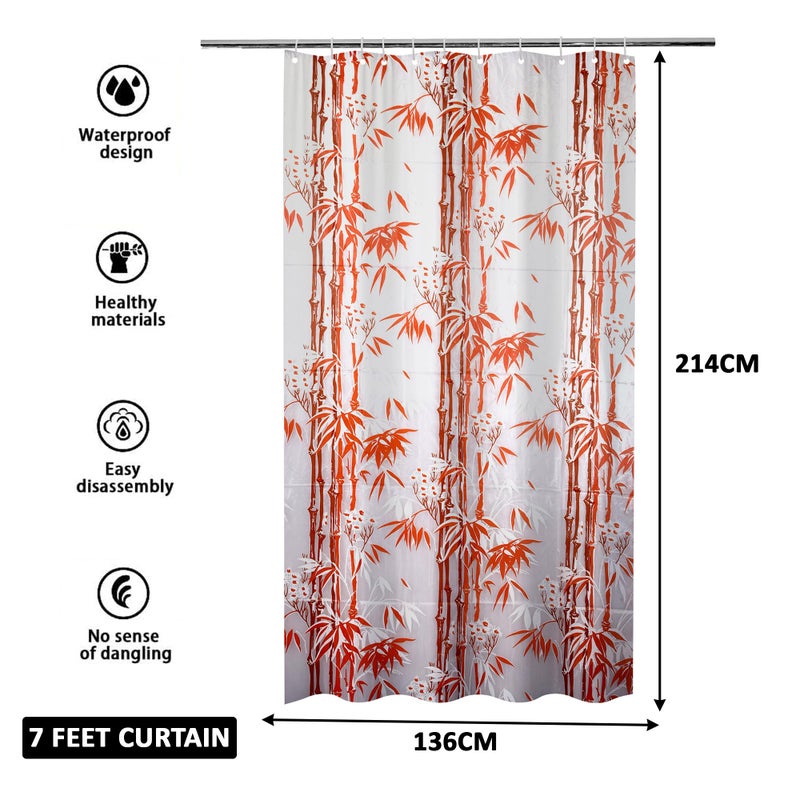 Kuber Industries (Pack of 6) Shower Curtain | 7 Feet | PVC Waterproof Window Curtain | Bathroom Shower Curtain | AC Curtains | Curtains for Bathtub | 8 Rings Curtain | Bamboo Print | Orange - Image 3