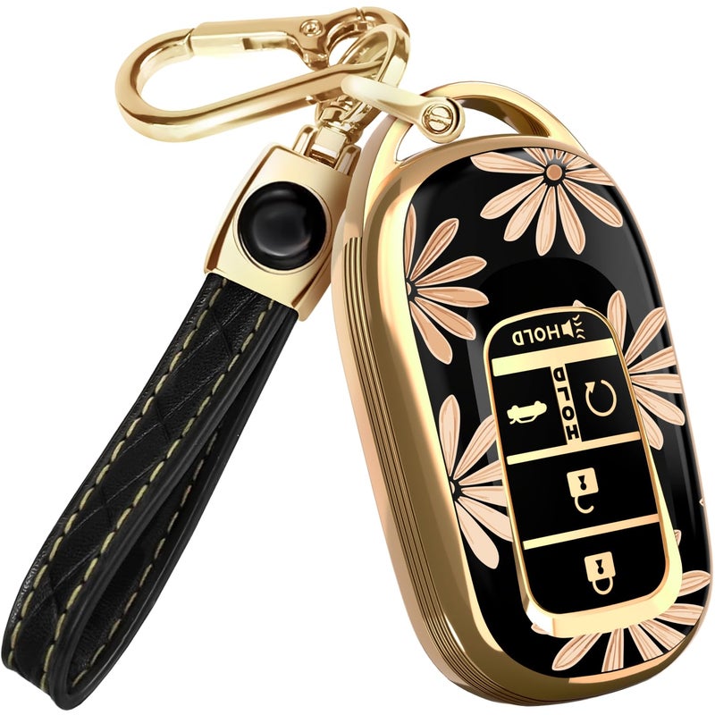 Lucrum Compatible with Honda Key Fob Cover & Leather Keychain - TPU Keyfob Case for Accord Civic CR-V HR-V Pilot Ridgeline, For 5 Button Remote (2022-2026) - Flower Vibe - Image 1