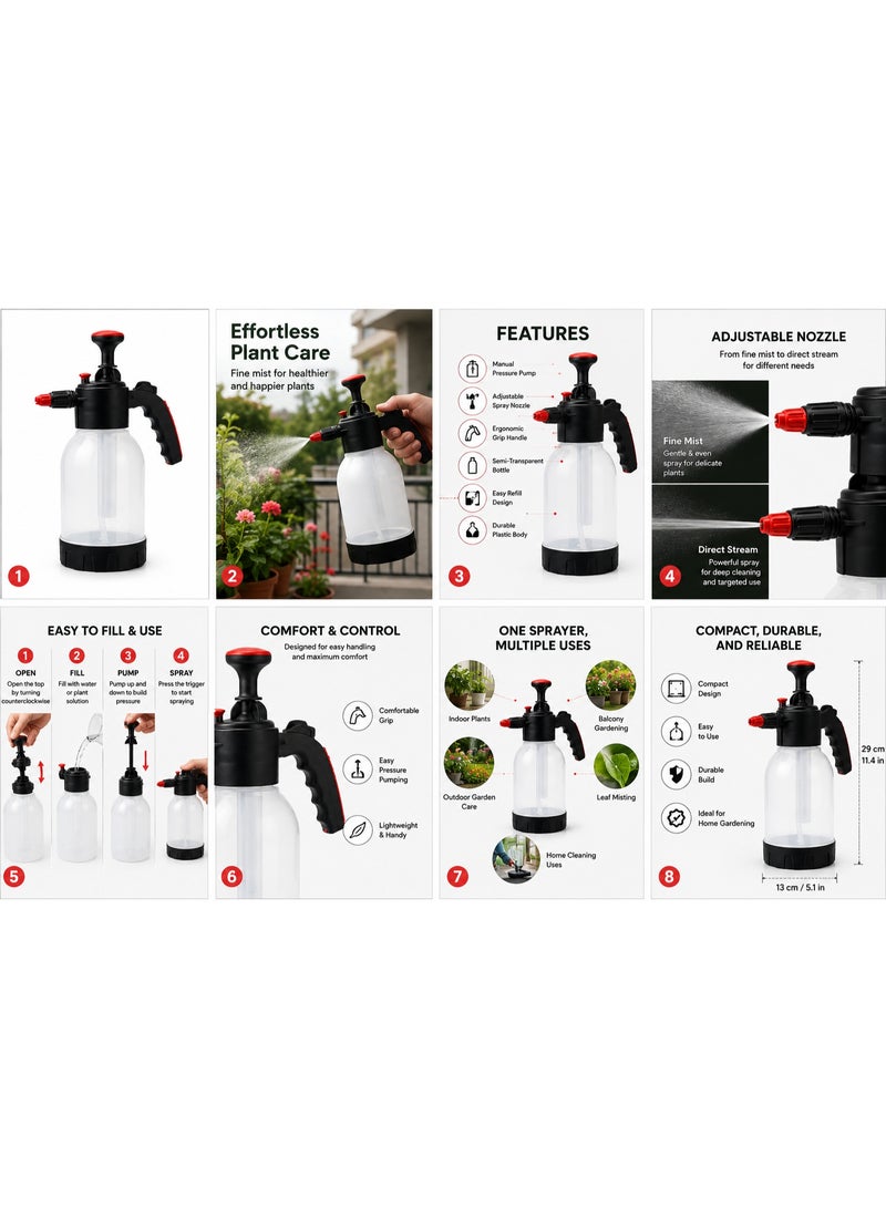 Manual Hand Pressure Sprinter Pump Sprayer with Adjustable Brass Nozzle for Watering Garden Plants & Home Greenhouses - Size 2 Liters - Image 2