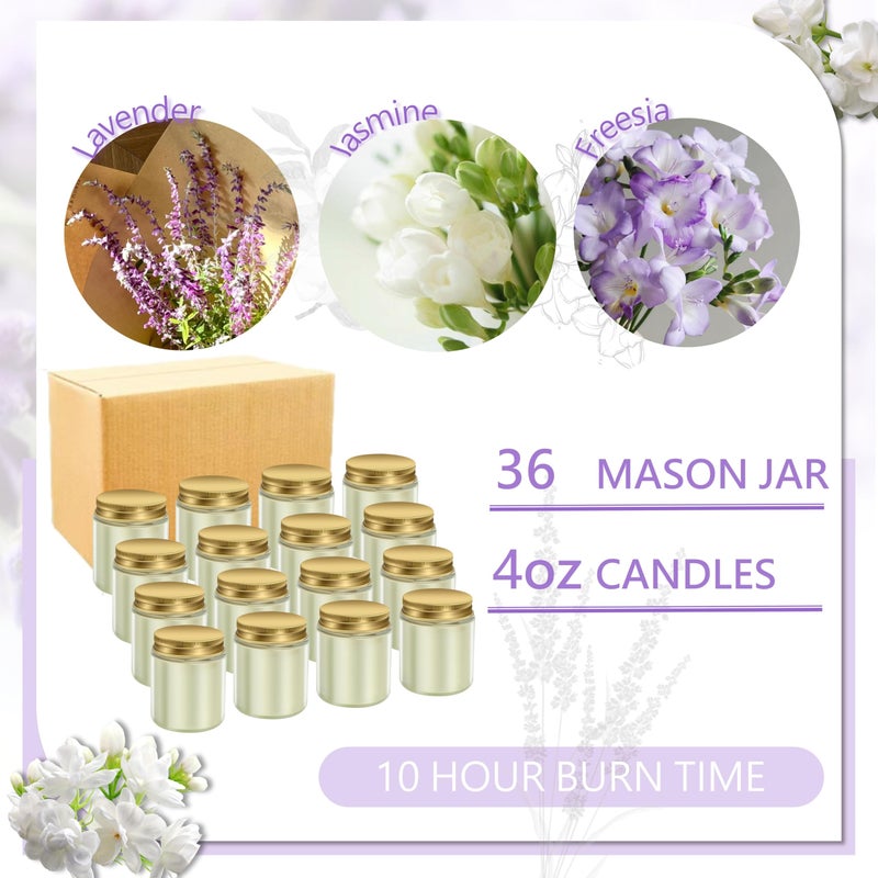 ACITHGL 36 Pcs 4oz Mini Mason Jar Candles Small Scented Candles Bulk Aromatherapy Ideal Souvenir Favors for Wedding Birthday Party (Freesia, Lavender, Jasmine, Gold) - Image 3