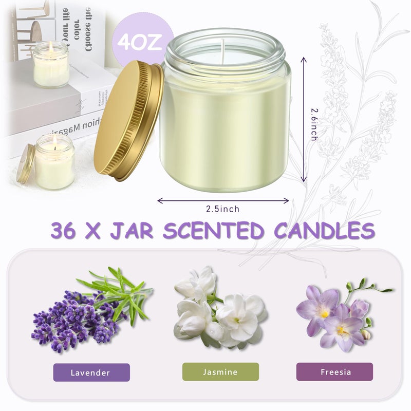 ACITHGL 36 Pcs 4oz Mini Mason Jar Candles Small Scented Candles Bulk Aromatherapy Ideal Souvenir Favors for Wedding Birthday Party (Freesia, Lavender, Jasmine, Gold) - Image 2