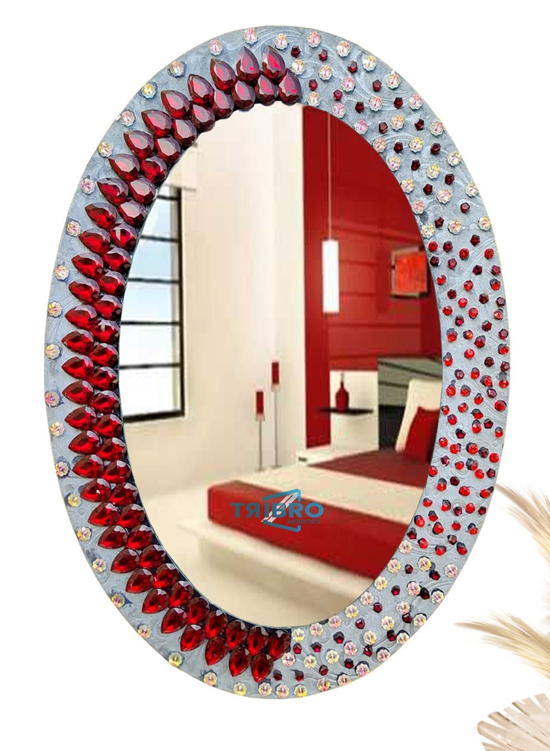 TriBro Oval Shaped artisans Decorative Luxury Handmade wall Mirror in Grey and Red Colour for Bedroom Liviingroom and Hallway Size 55.8 x 40.6cm x 10mm - Image 1