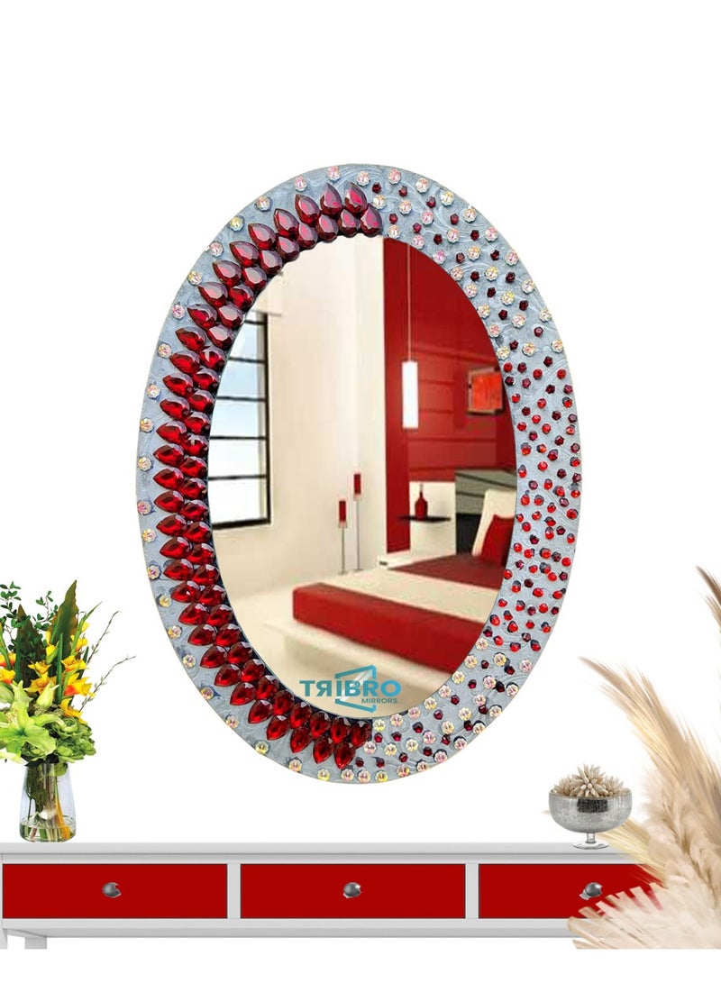 TriBro Oval Shaped artisans Decorative Luxury Handmade wall Mirror in Grey and Red Colour for Bedroom Liviingroom and Hallway Size 55.8 x 40.6cm x 10mm - Image 4