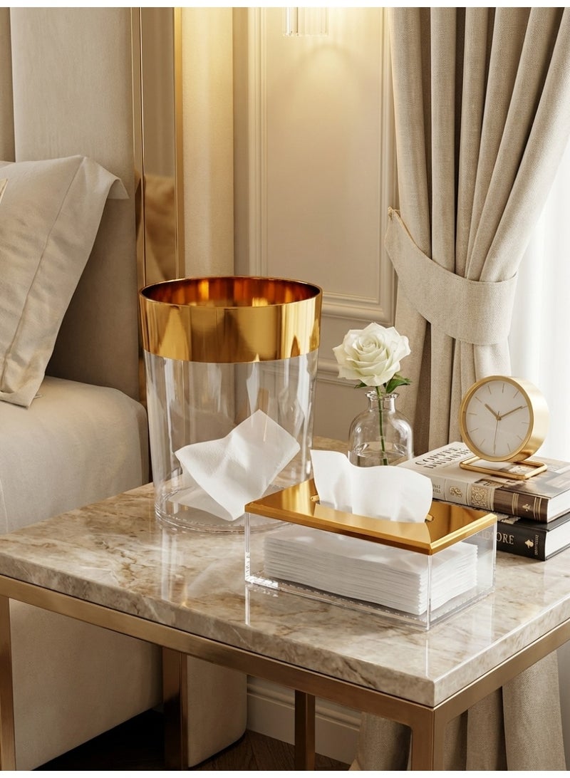 Living Acrylic Tissue Box and Trash Can Set with Golden Touch - Image 1