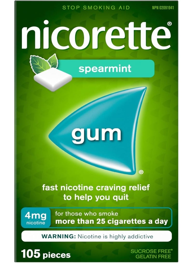 Nicorette Gum, Nicotine 4 Mg, Spearmint Flavour, Quit Smoking Aid And Smoking Cessation Aid, 105 Count - Image 1